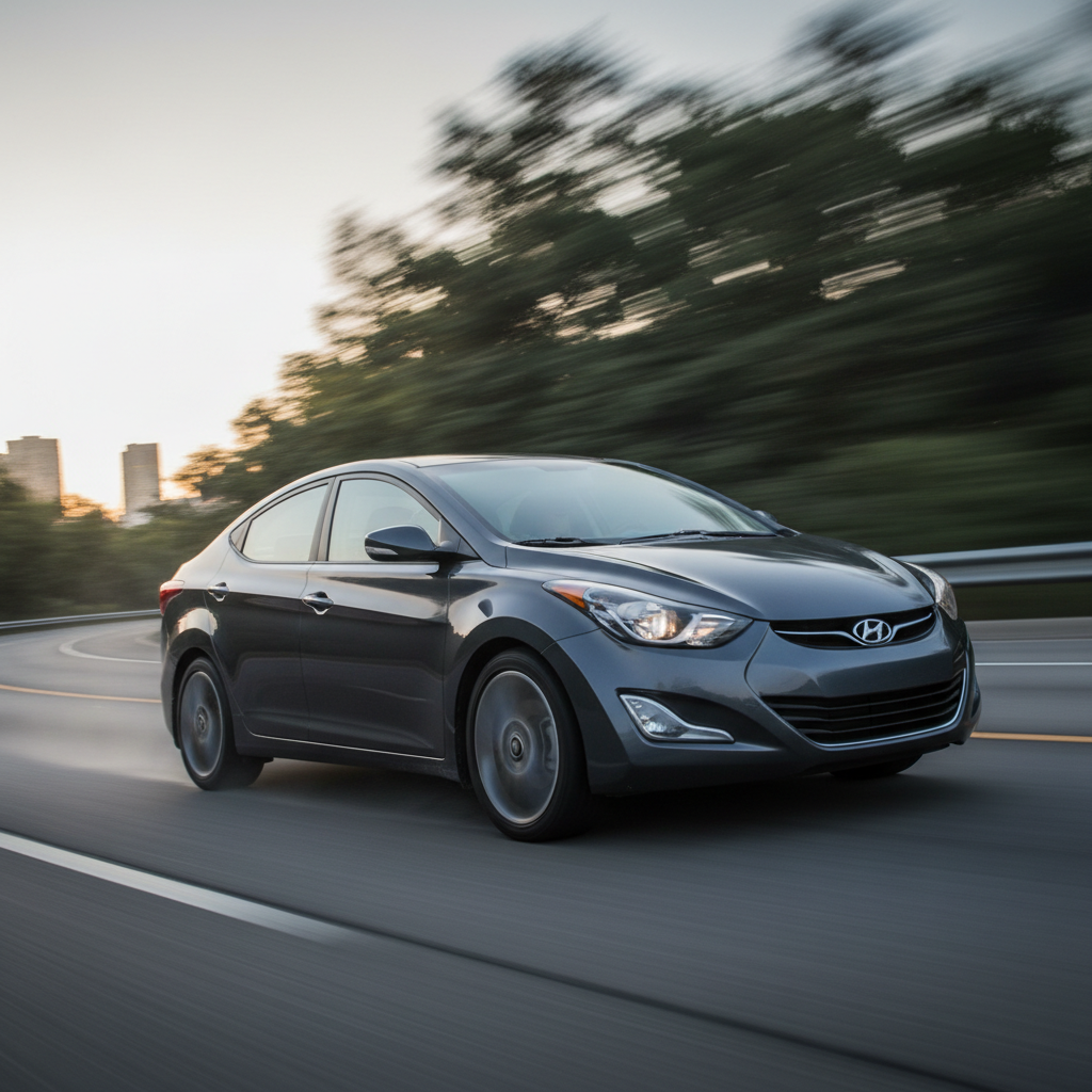 A square image of a Hyundai Elantra (2011-2016) driving fast showing speed and excitement