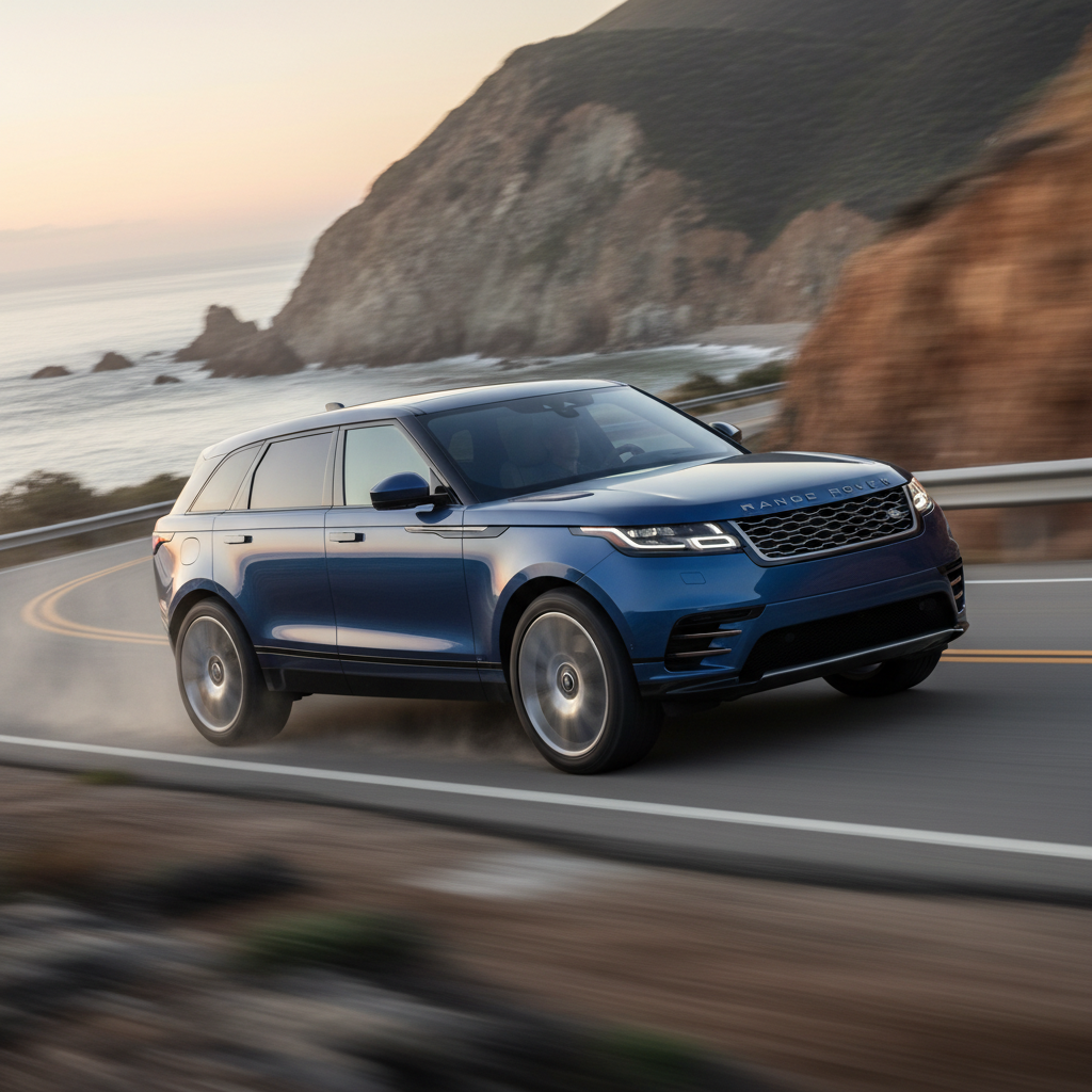 A square image of a Land Rover Range Rover Velar (2014-2022 driving fast showing speed and excitement
