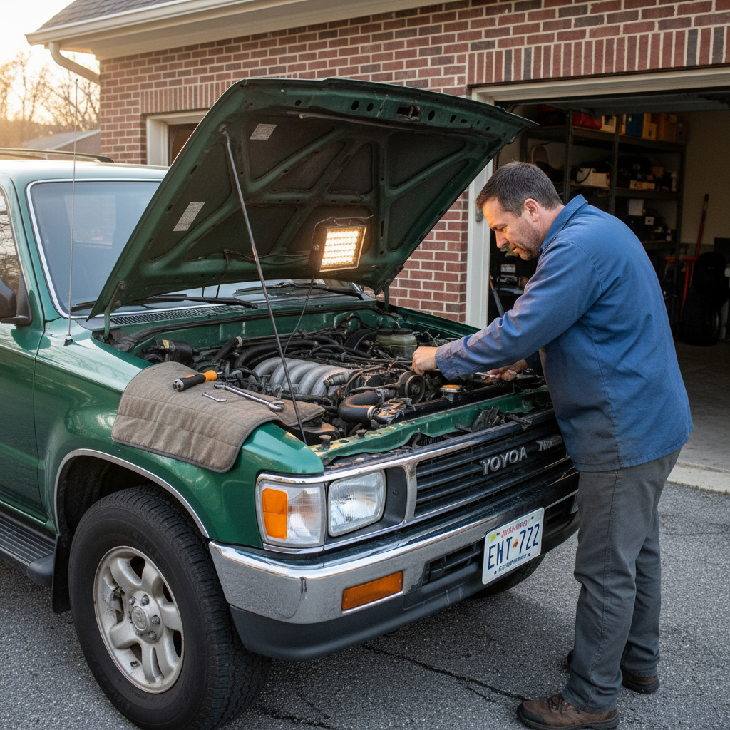A square image of a Man working on his 1990 Toyota 4Runner, hood popped open
