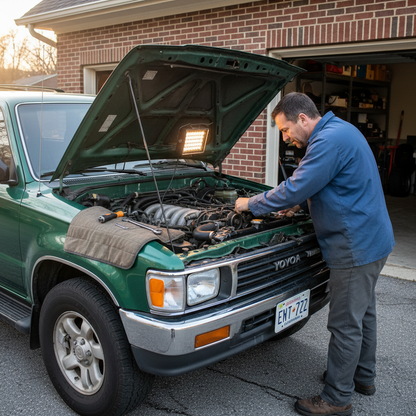A square image of a Man working on his 1990 Toyota 4Runner, hood popped open