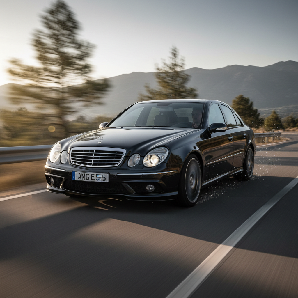 A square image of a Mercedes AMG (2003-2008) E55 driving fast showing speed