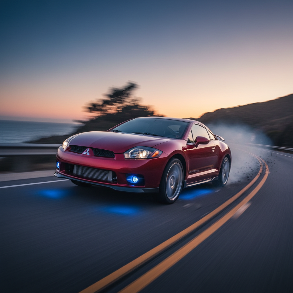 A square image of a Mitsubishi Eclipse (2006–2011) driving fast showing speed and excitement