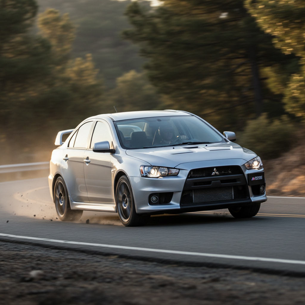 A square image of a Mitsubishi Lancer 2009 driving fast showing speed