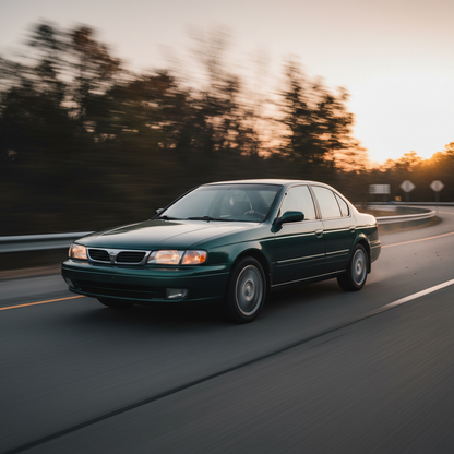 A square image of a Nissan Altima (1993-1997) driving fast showing speed