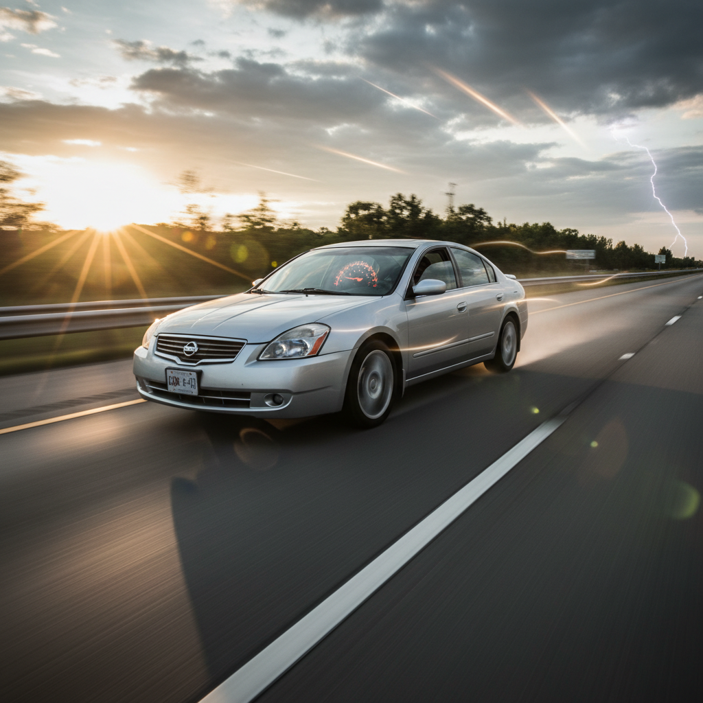 A square image of a Nissan Altima (2002-2006) with 3.5L driving fast showing speed