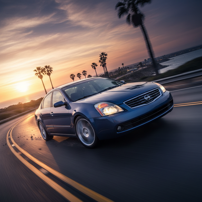 A square image of a Nissan Altima 2004 driving fast showing speed and excitement