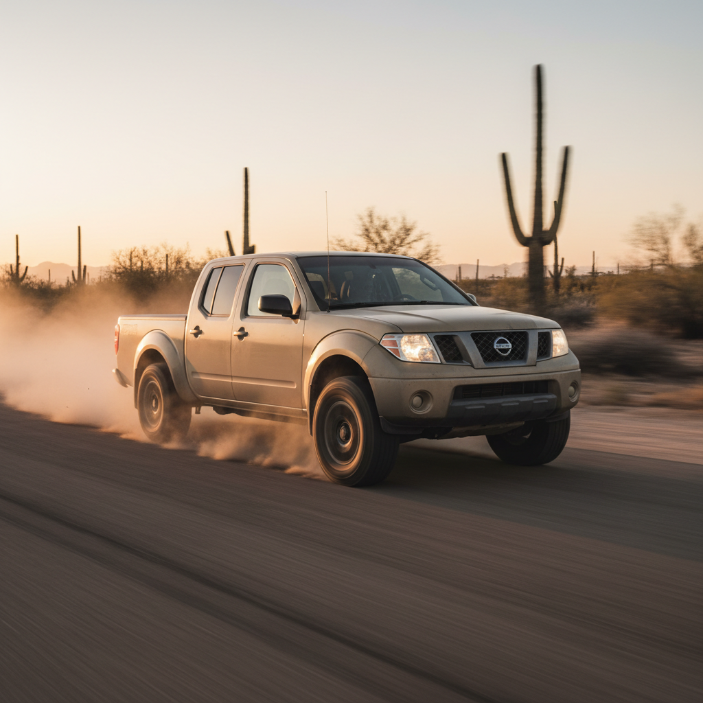 A square image of a Nissan Frontier 2005 driving fast showing speed