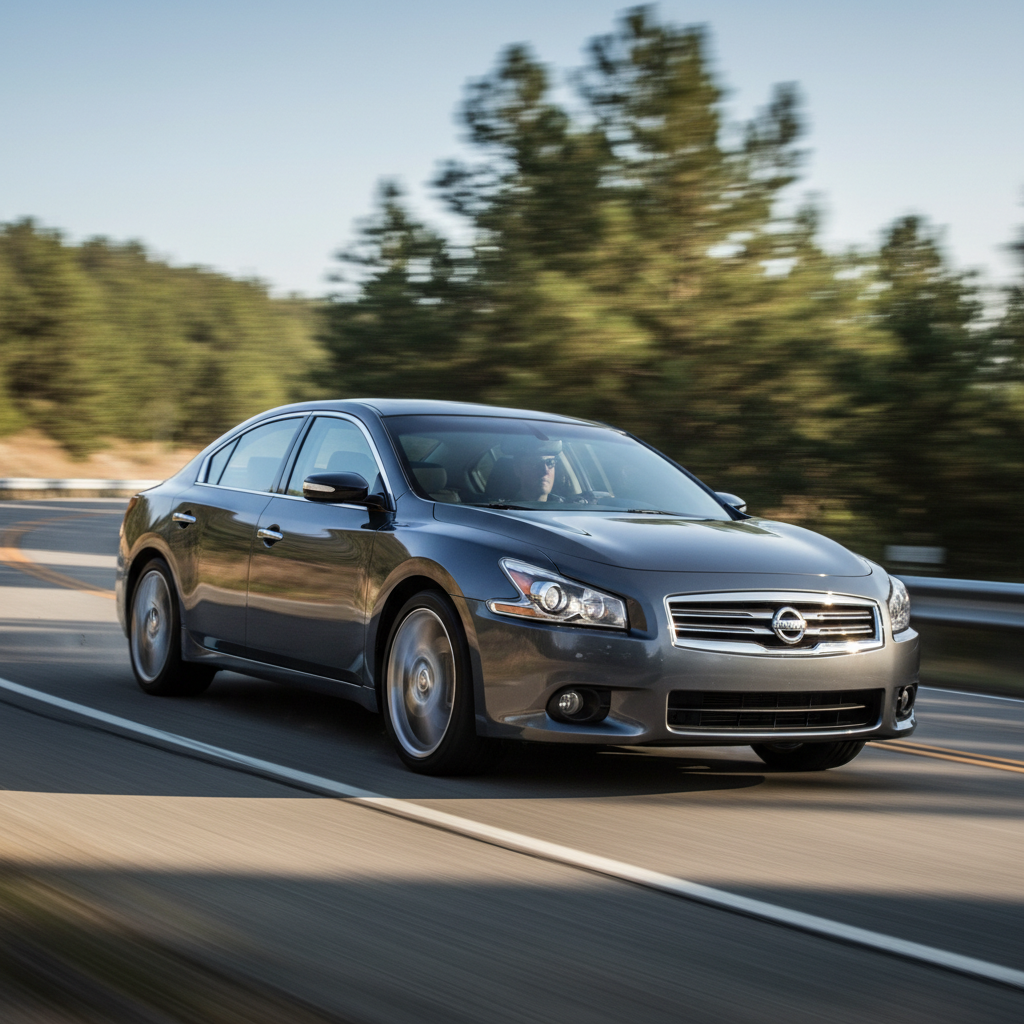 A square image of a Nissan Maxima (2009-2017) driving fast showing speed and excitement