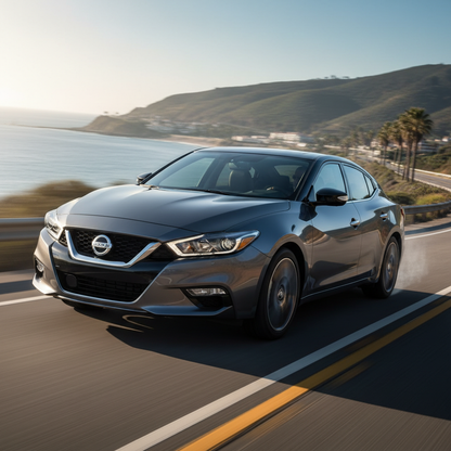 A square image of a Nissan Maxima (2009-2023) driving fast showing speed and excitement