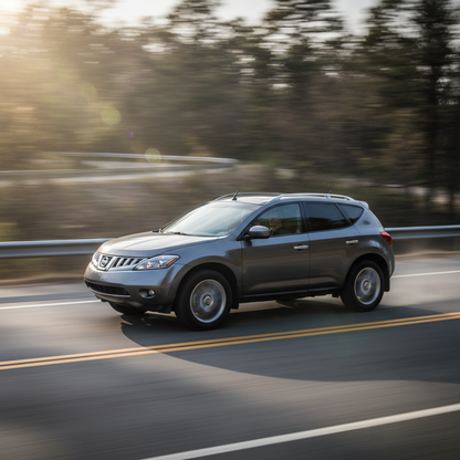 Gray SUV driving on a road with trees in the background