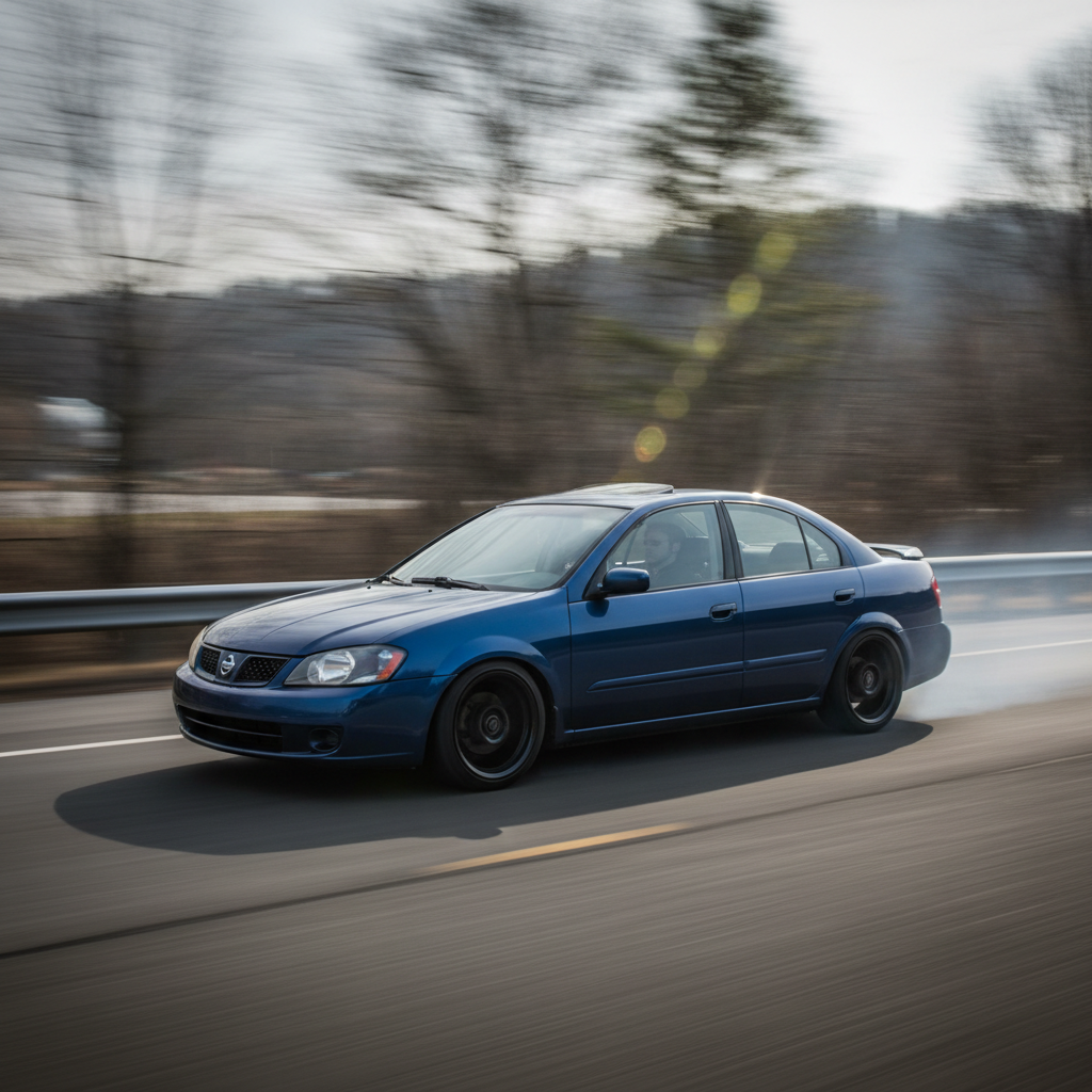 A square image of a Nissan Sentra 2004 lowered, with black wheels driving fast