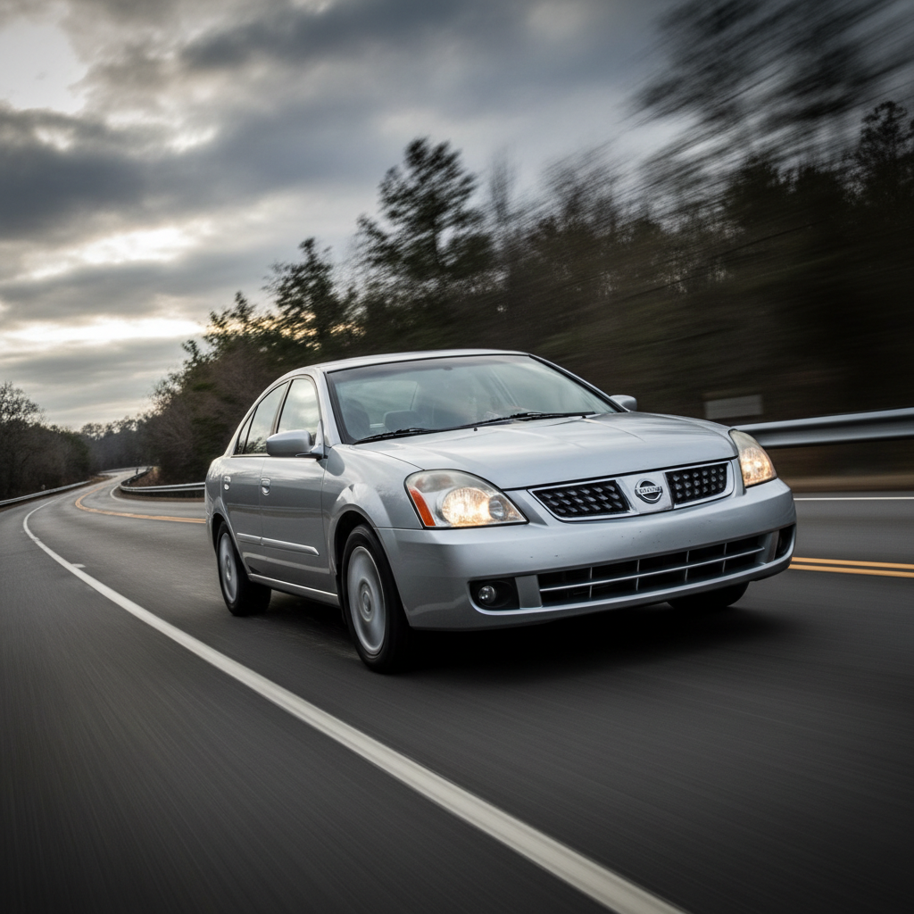 A square image of a  Nissan Sentra (2005-2006) driving fast showing speed