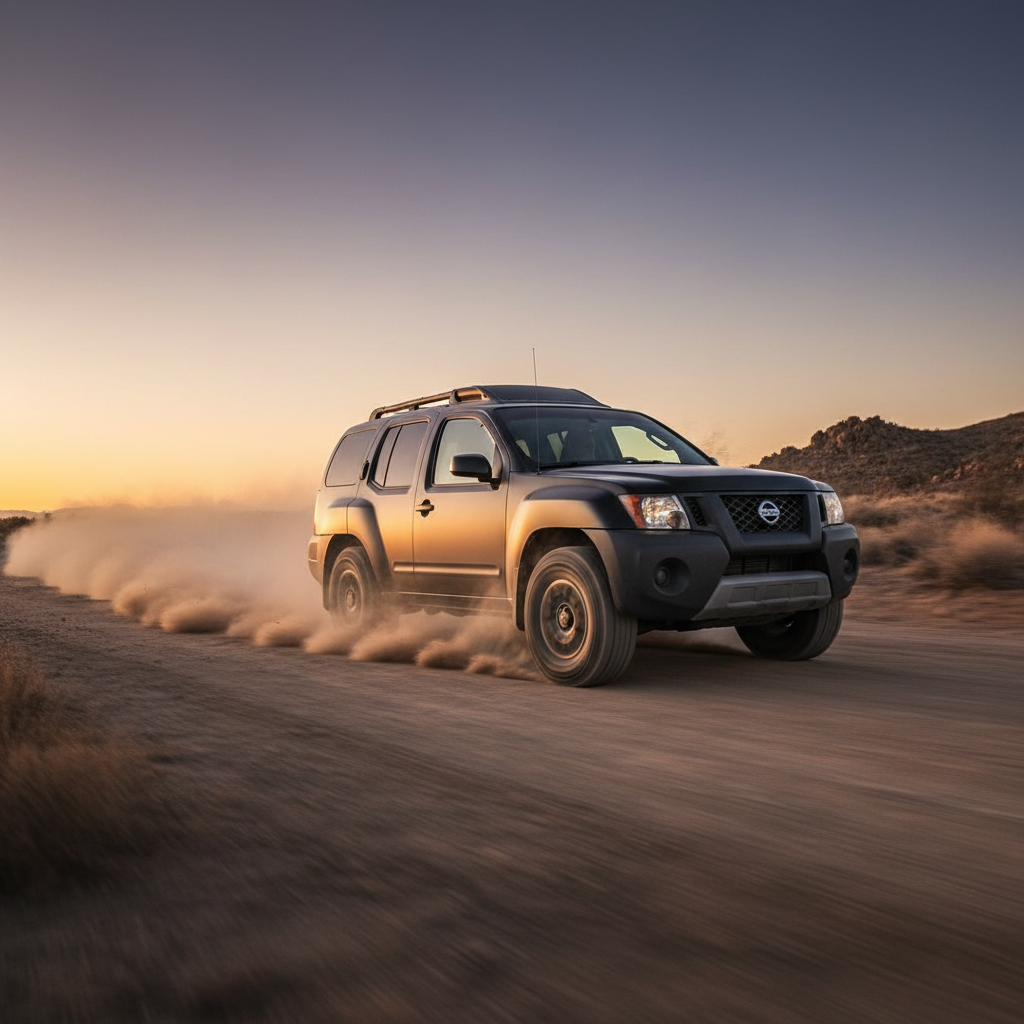 A square image of a  Nissan XTerra driving fast showing speed