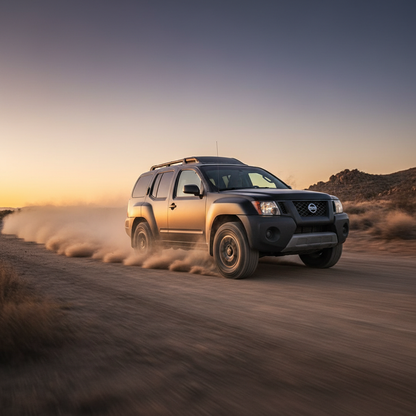 A square image of a  Nissan XTerra driving fast showing speed