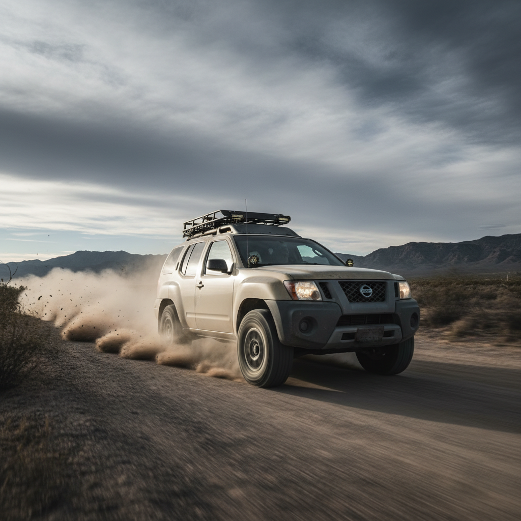 A square image of a Nissan Xterra Frontier driving fast showing speed