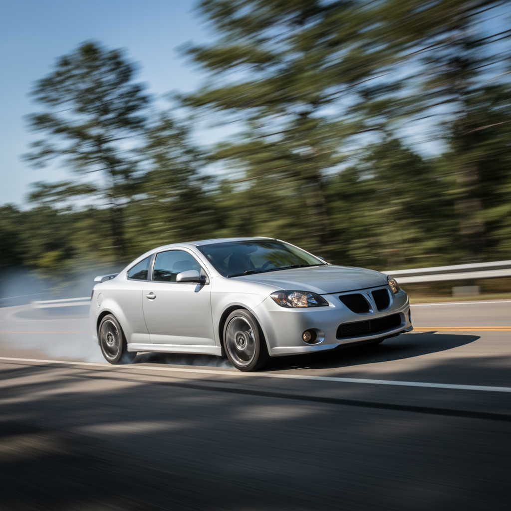 A square image of a  Pontiac G5 2006 driving fast showing speed