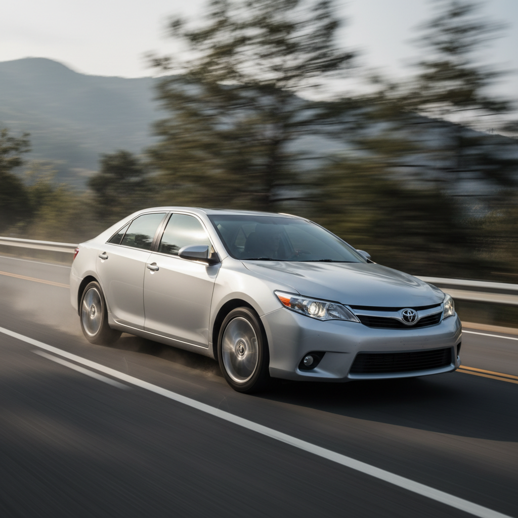 A square image of a Toyota Camry 2013 driving fast showing speed
