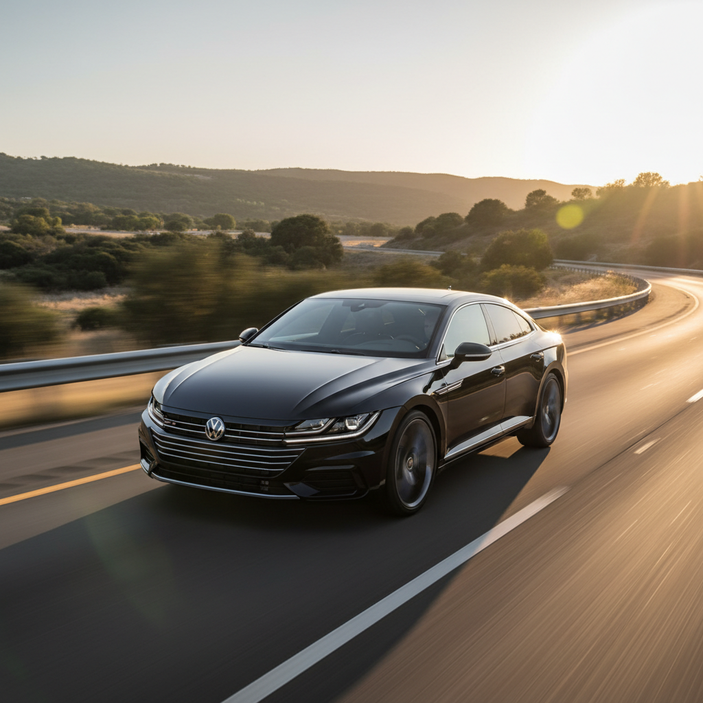 A square image of a VW Arteon (2019-2020) driving fast showing speed
