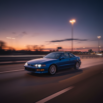 A square image of Acura Integra 1995 driving fast showing speed