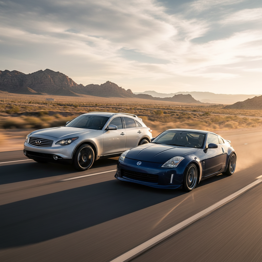 A square image of an Infiniti G35 FX35 and a Nissan 350Z 2006 3.5L V6 Engine both side by side on the open road with excitement and engine performance