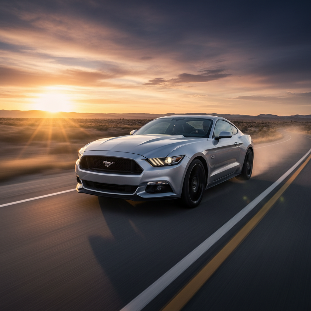 A square photo of a 2017 Ford Mustang driving fast showing speed and excitement