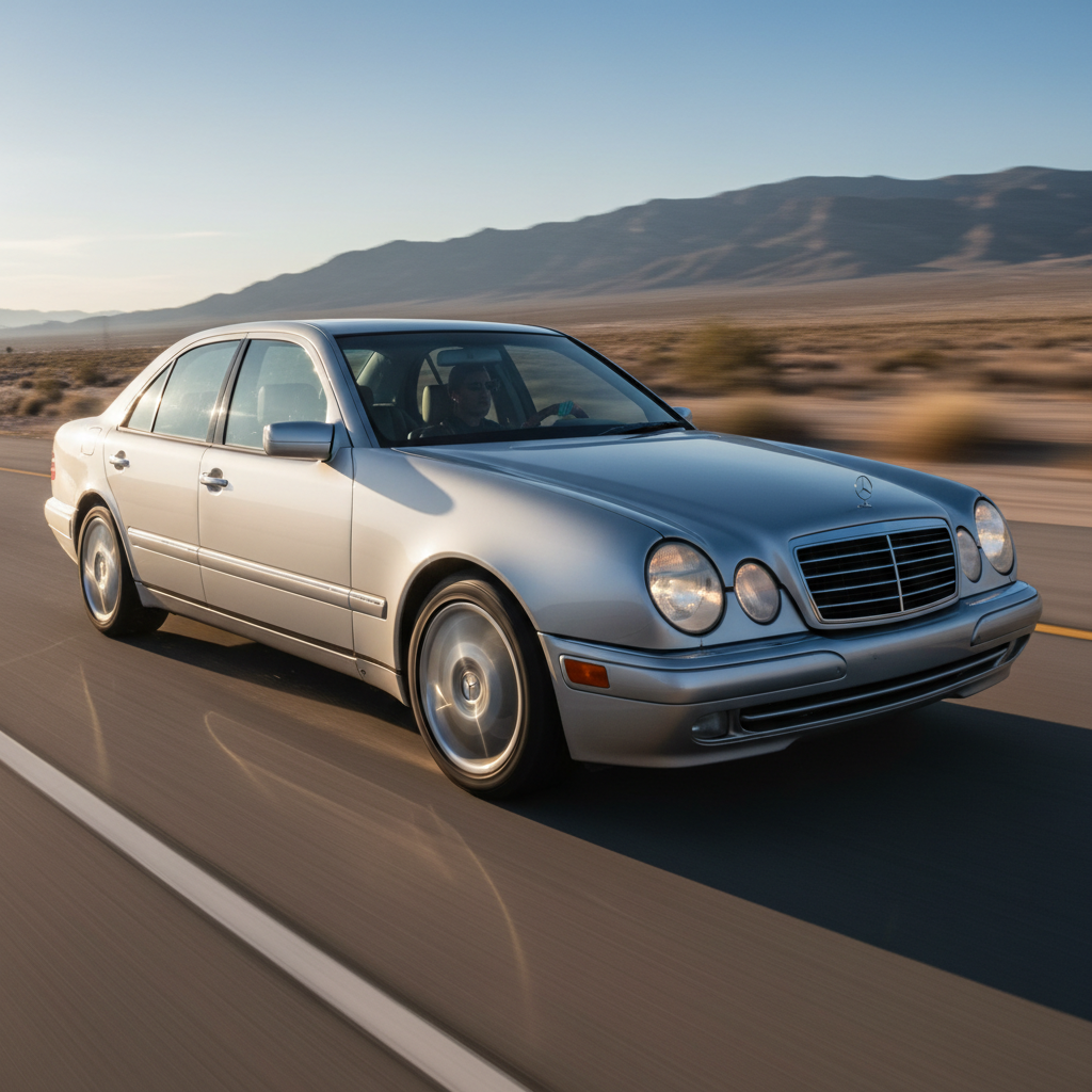 A square photo of a Benz E430 1999 driving fast showing speed and excitement