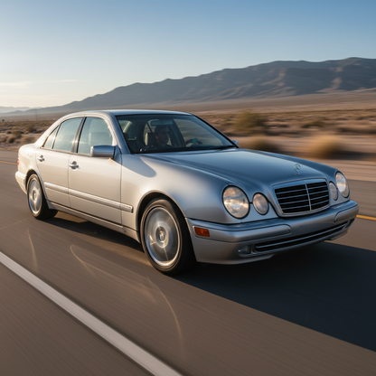 A square photo of a Benz E430 1999 driving fast showing speed and excitement