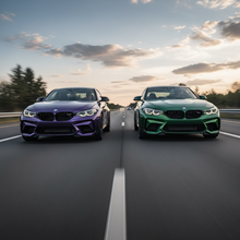 A square photo of a BMW M2 2022 and M3 2022 driving fast down the highway showing speed