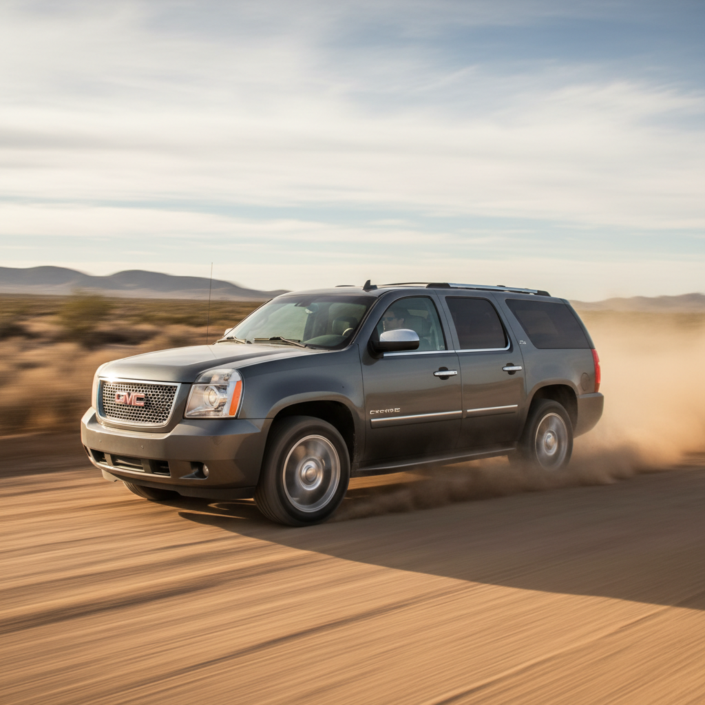 A square photo of a GMC Yukon XL 1500 (2009-2014) driving fast showing speed and excitement