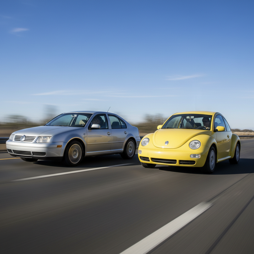 A VW Jetta 2000 and a VW Beetle 2000 both driving fast on the highway showing speed