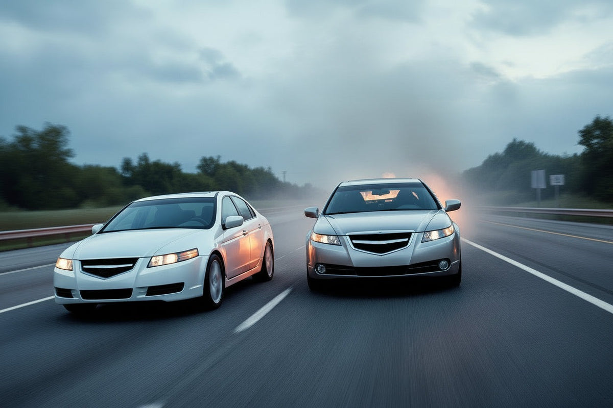 White and silver Acura TL sedans driving fast on the highway