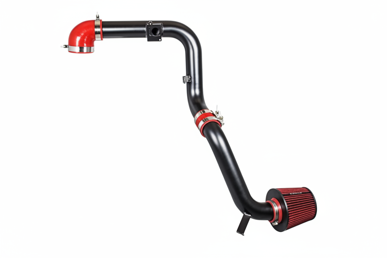 Car air intake system with red and black components on a white background