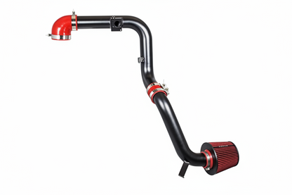 Car air intake system with red and black components on a white background