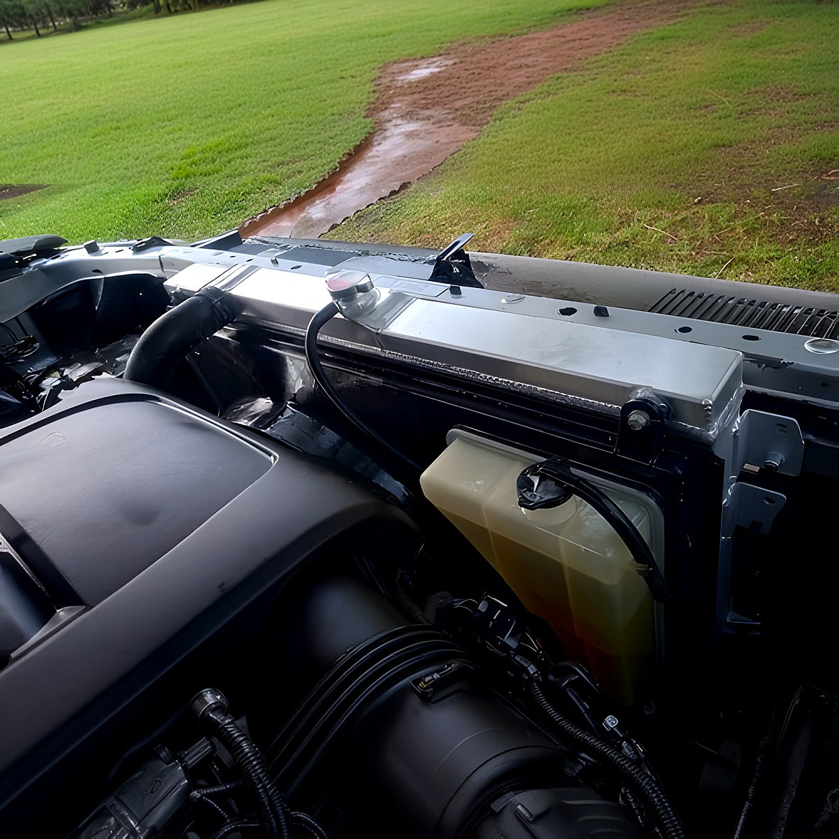Aluminum performance radiator installed in a 2007-2020 Toyota Tundra V8 engine bay, side view with coolant reservoir