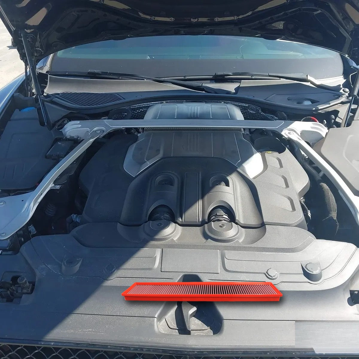 Bentley Continental GT 4.0 V8 engine bay with the BMC panel filter shown at scale