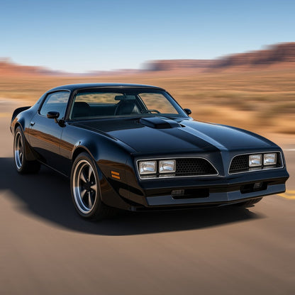 Black 1977-1978 Pontiac Firebird Trans Am coupe with large aftermarket wheels driving fast