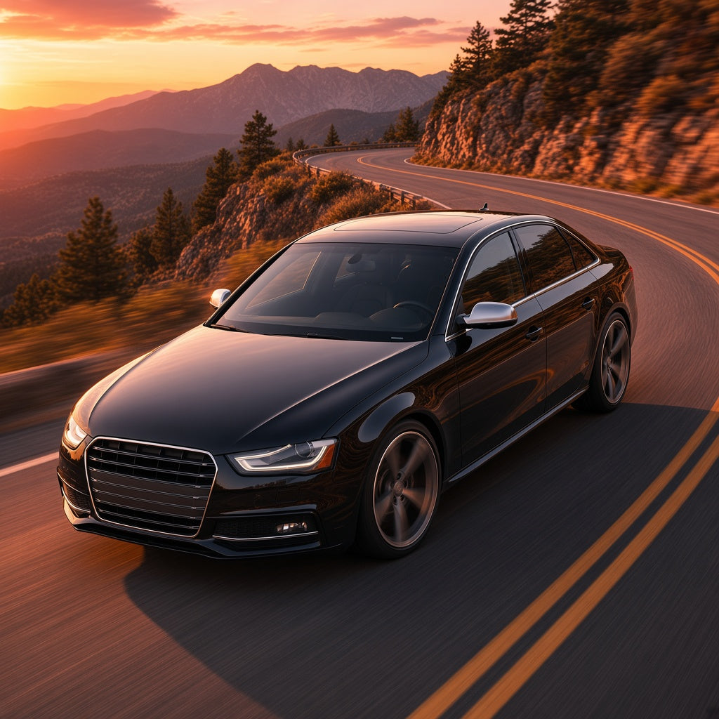 Black Audi S4 sedan driving on a mountain road at sunset