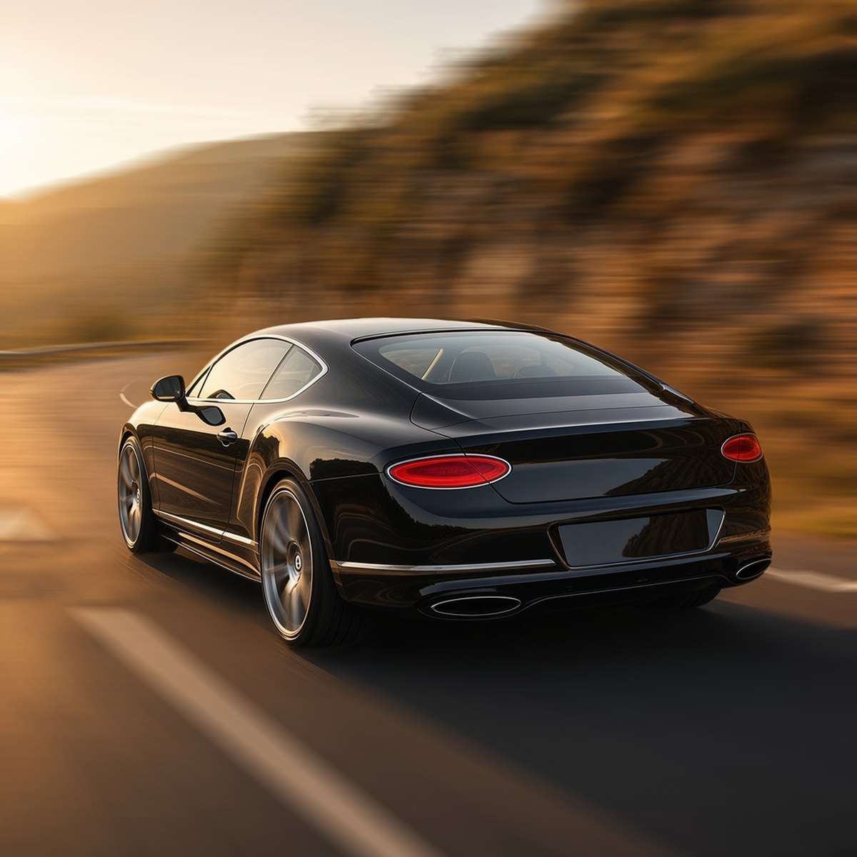 Black Bentley Continental GT with large aftermarket wheels driving fast