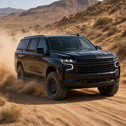 Black Chevy Suburban driving on a desert off-road trail