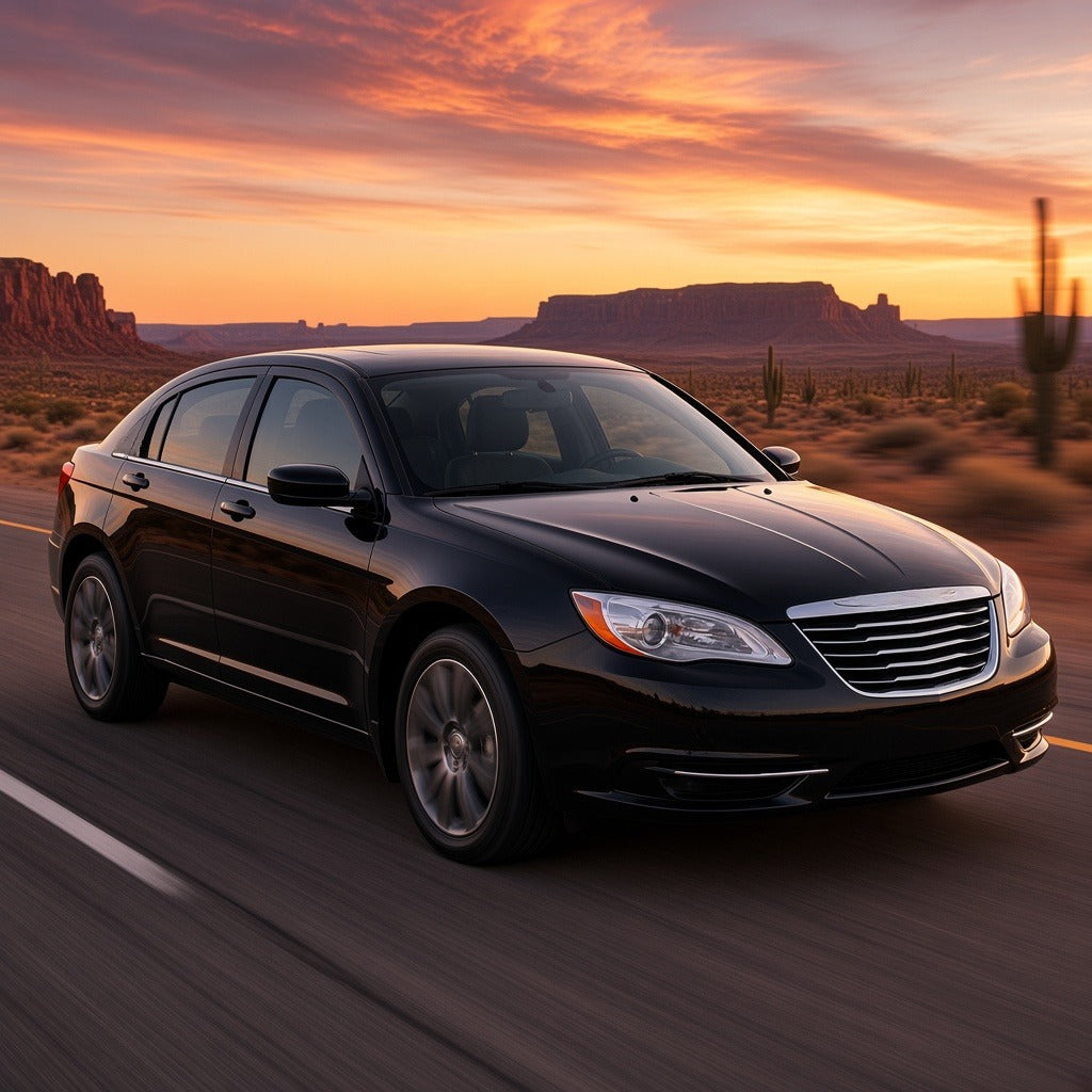 Black 2011-2014 Chrysler 200 sedan driving fast on a desert highway at sunset