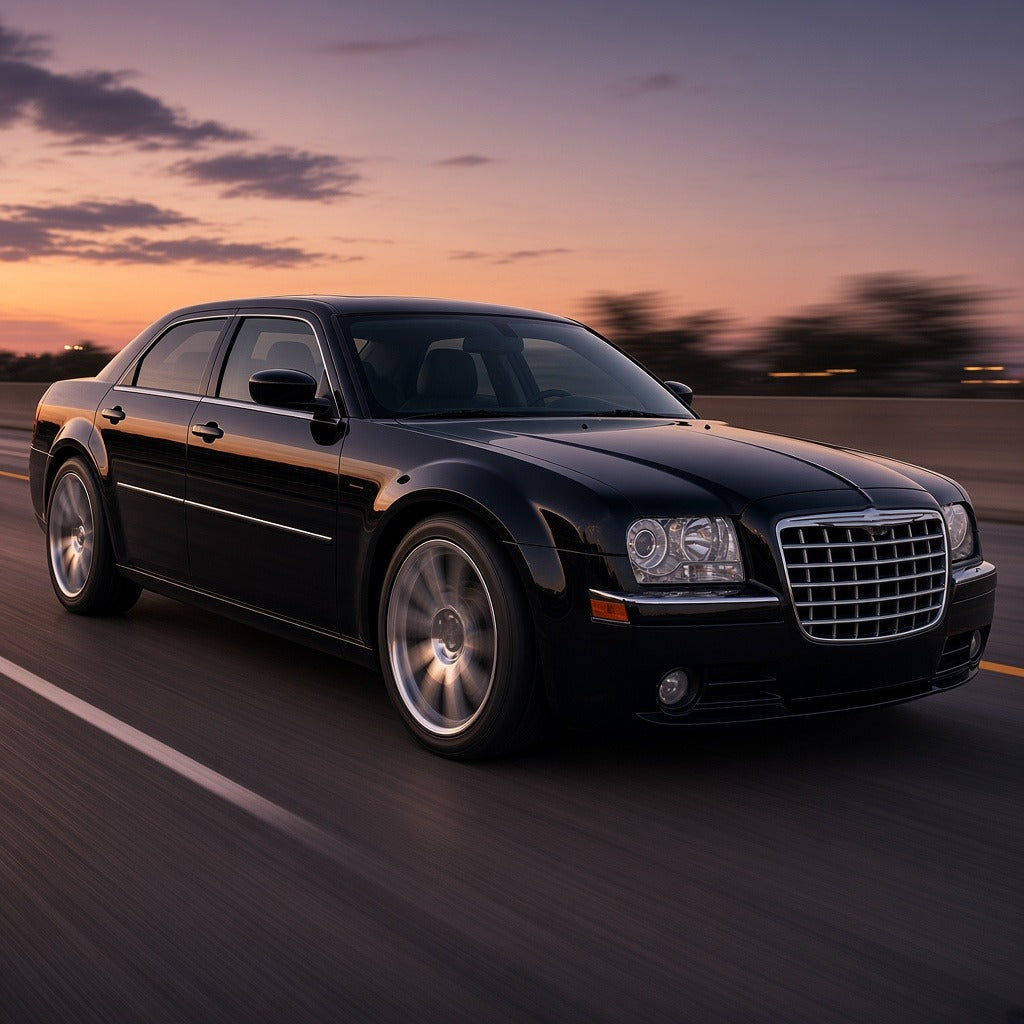 Black 2005-2010 Chrysler 300 sedan driving fast on the highway