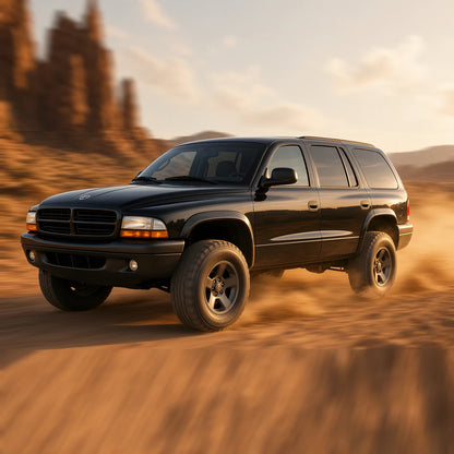 Black first-generation Dodge Durango on off-road tires speeding down a desert trail - cold air intake for 4.7L V8
