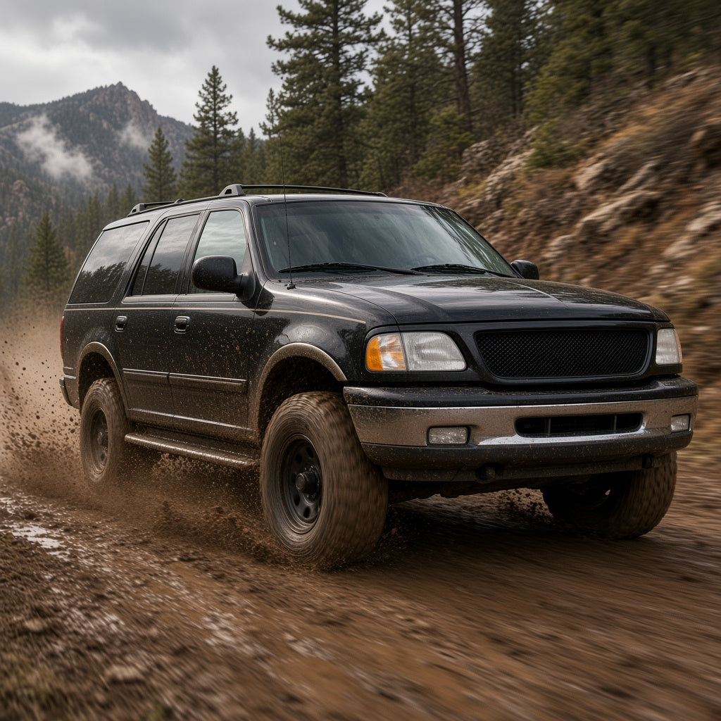 Black Ford Expedition driving on a muddy off-road trail
