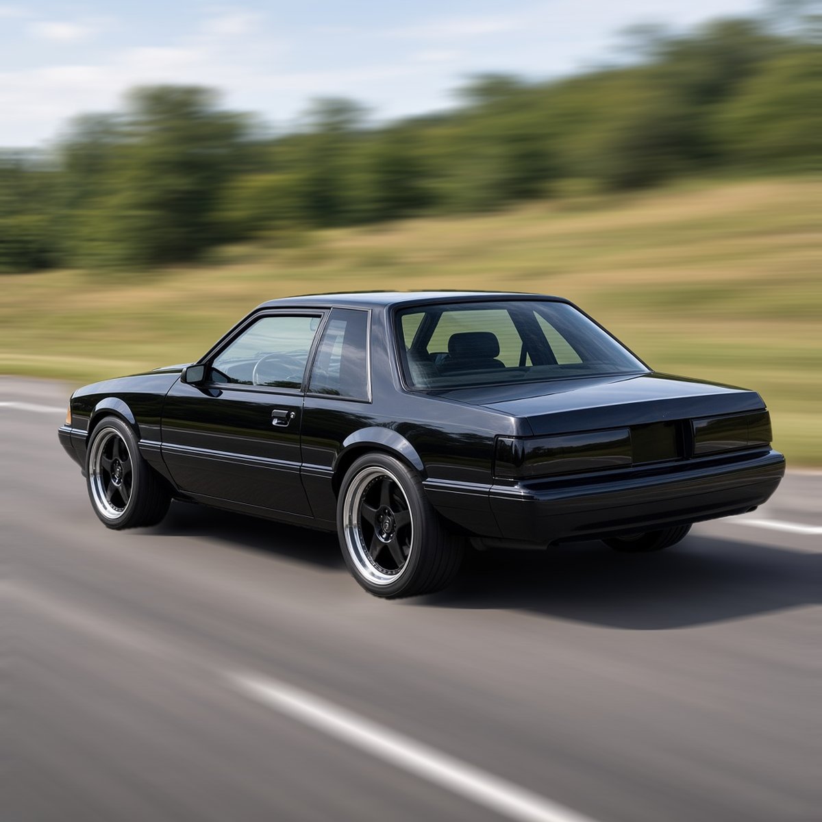 Black Ford Mustang LX 5.0 Fox body coupe driving fast, cold air intake upgrade for 1989-1993 5.0L V8