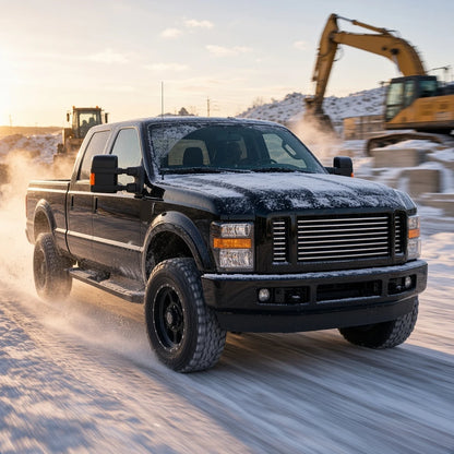 Black 2008-2010 Ford F-250 Super Duty pulling out of a snowy jobsite at dawn