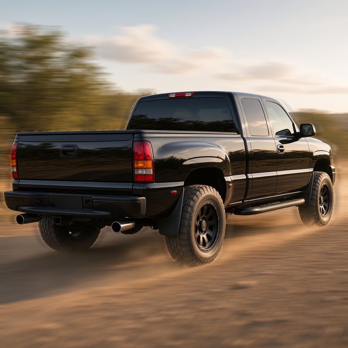 Black 1999-2006 GMC Sierra GMT800 extended cab pickup on off-road wheels driving fast on a dirt road, showing dual rear exhaust exits
