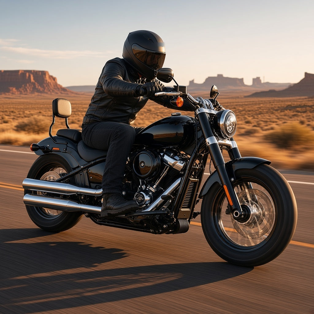 Black Harley-Davidson Softail riding on a desert highway