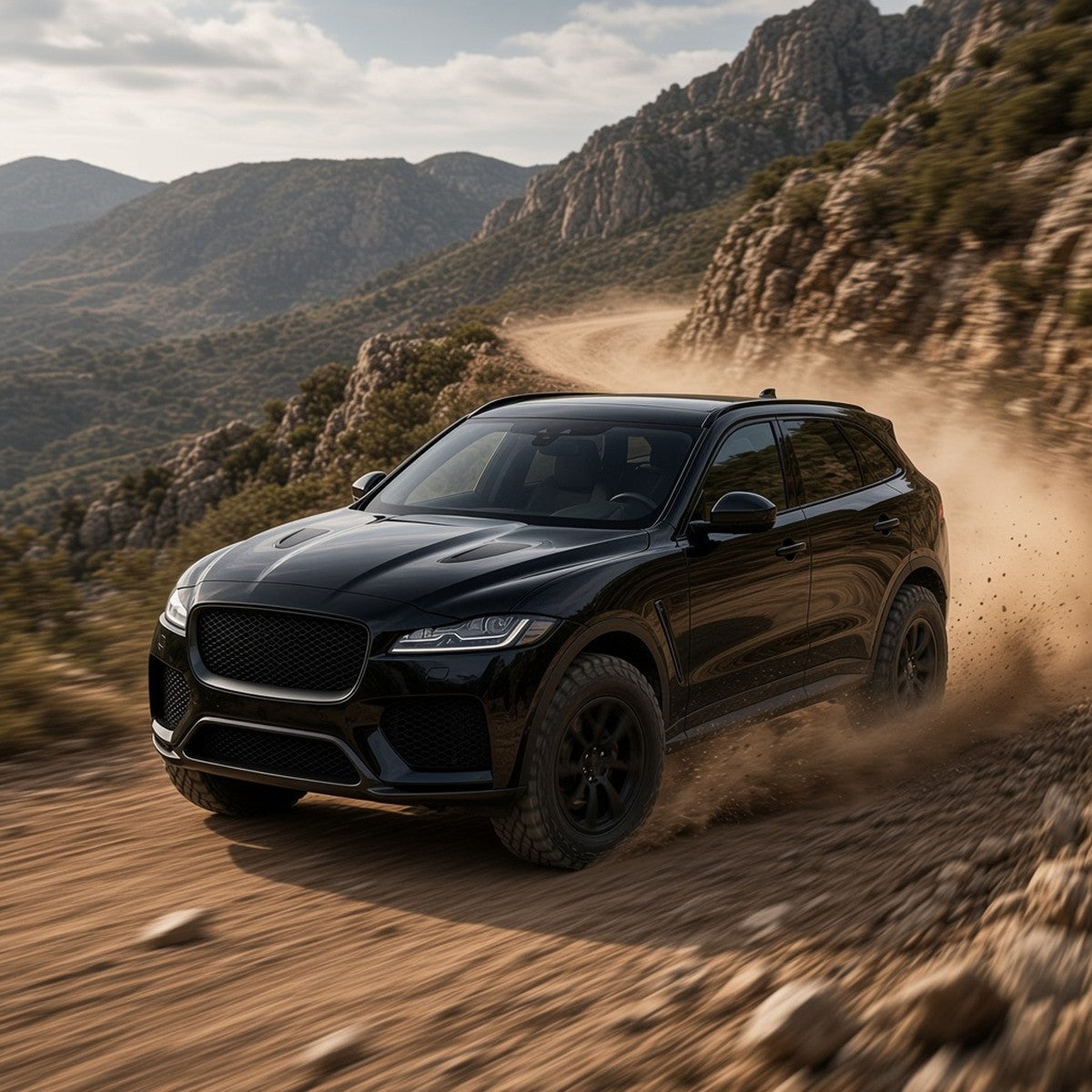 Black Jaguar F-Pace on off-road wheels driving fast on a mountain trail