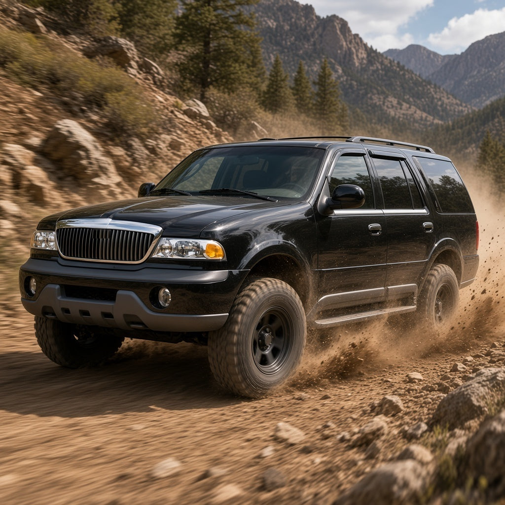 Black Lincoln Navigator driving on a mountain off-road trail