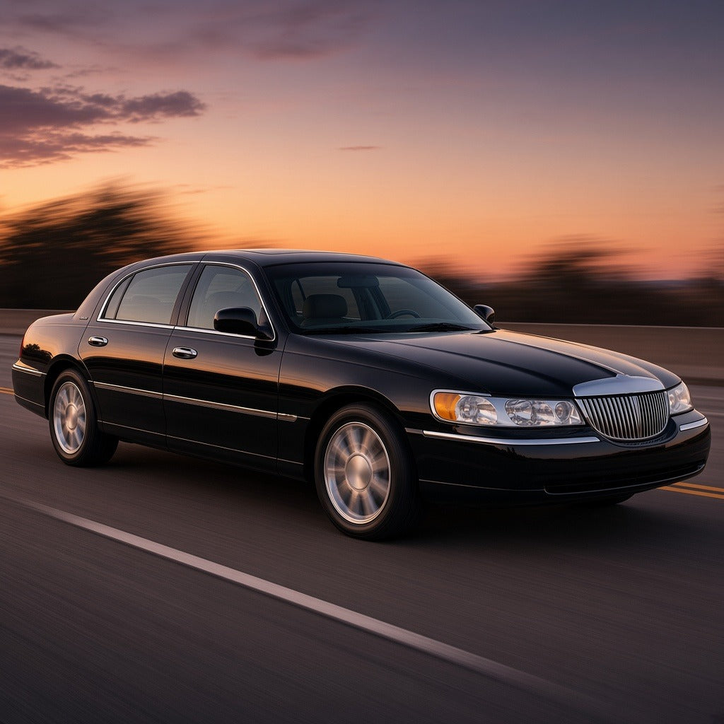 Black 1998-2002 Lincoln Town Car driving fast on the highway at dusk
